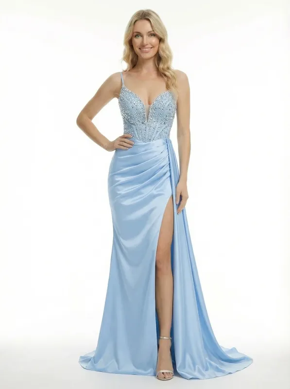 Glamorous V-Neck Beaded Corset Long Mermaid Satin Evening Dress Slit sold by ChicSew