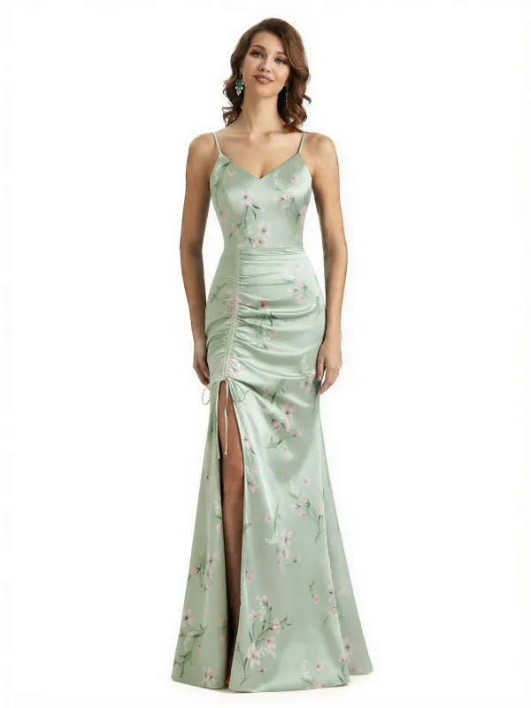 Simple Spaghetti Straps V-Neck Side Slit Mermaid Floral Satin Maxi Floral Formal Dresses For Women sold by ChicSew