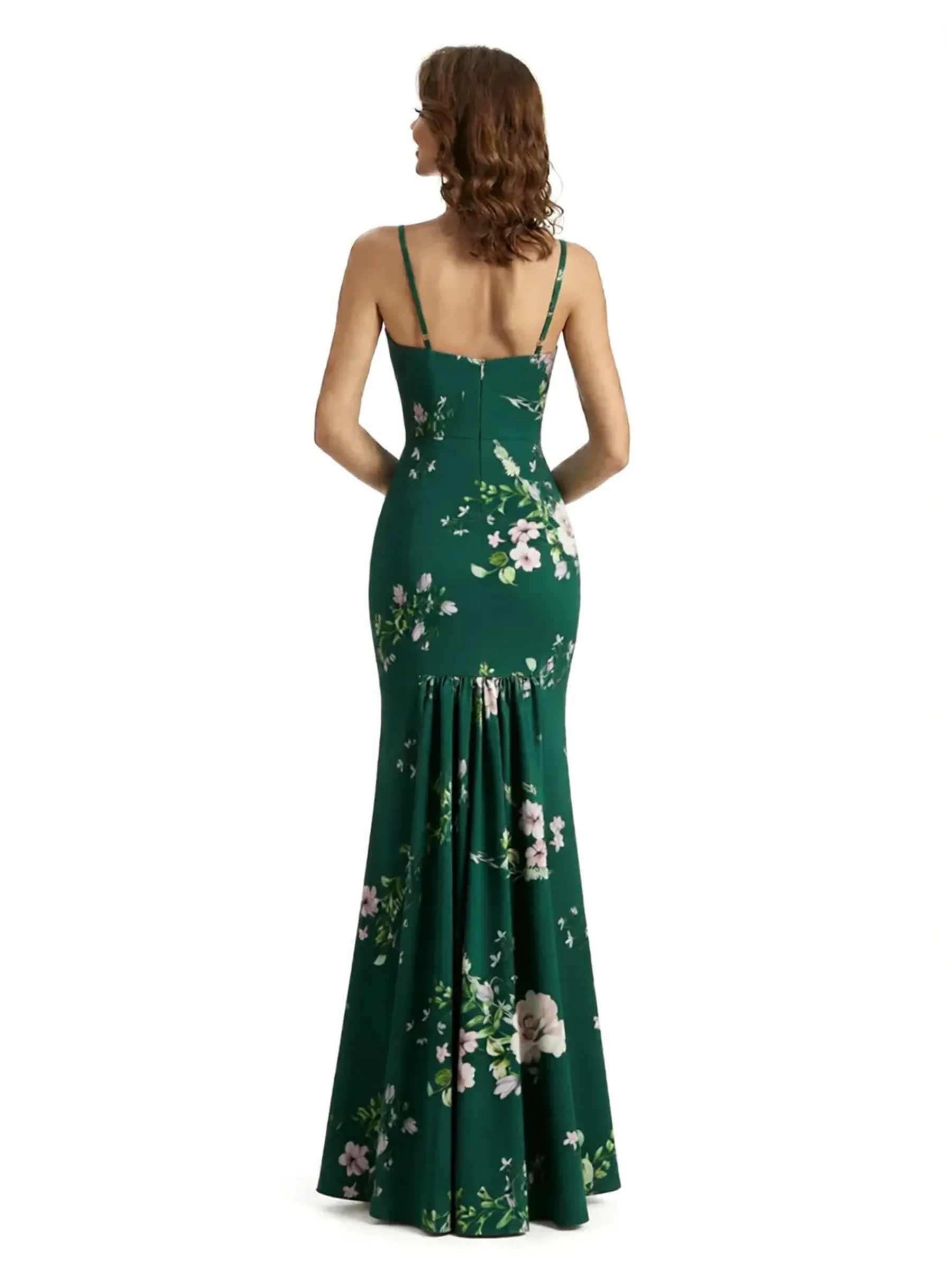 Simple Spaghetti Straps V-Neck Side Slit Mermaid Floral Satin Maxi Floral Formal Dresses For Women sold by ChicSew product image thumbnail 2