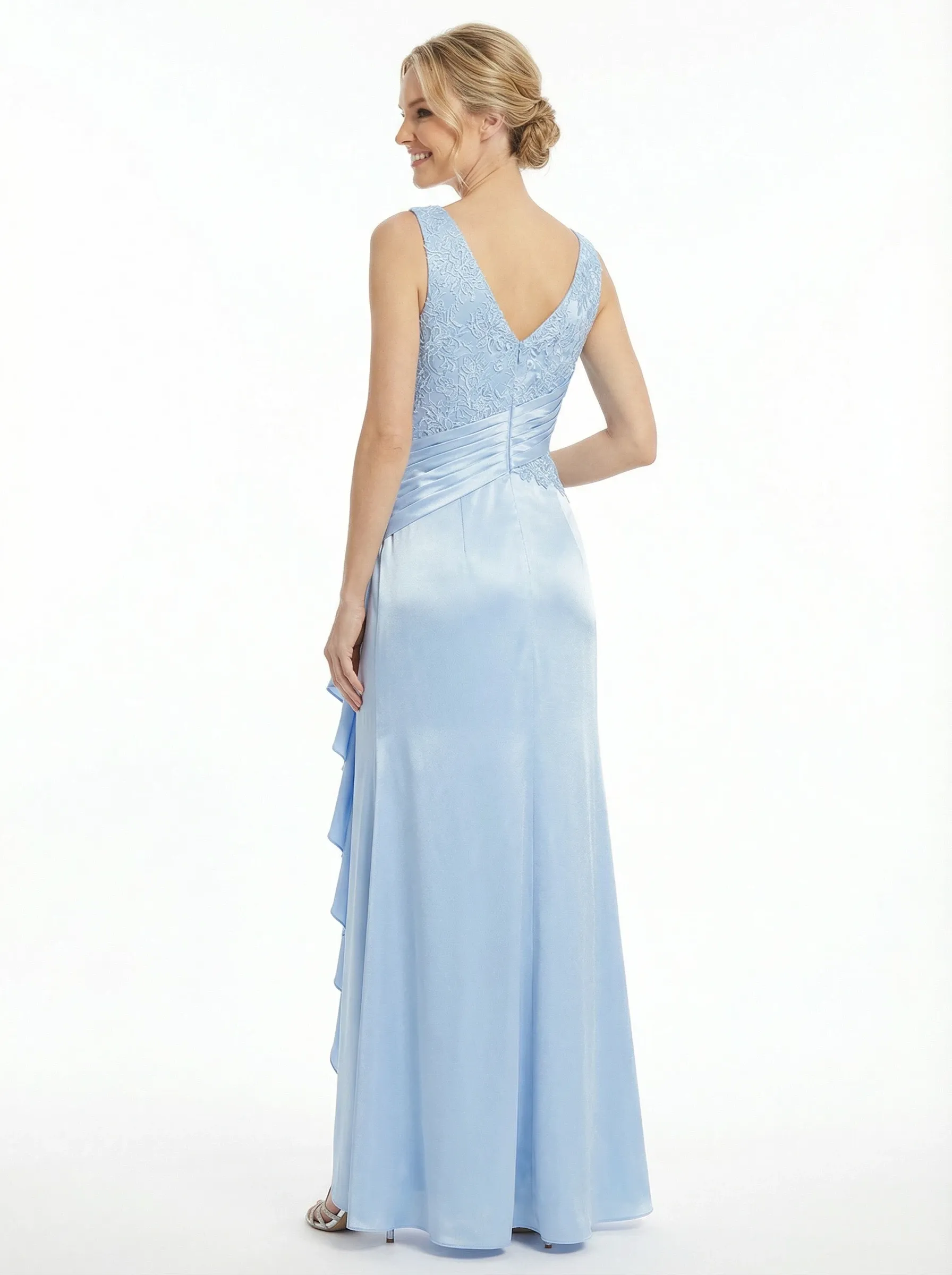 ChicSew Classy V-Neck Lace Applique Ruched Satin Ruffle Evening Dress sold by ChicSew product image thumbnail 3