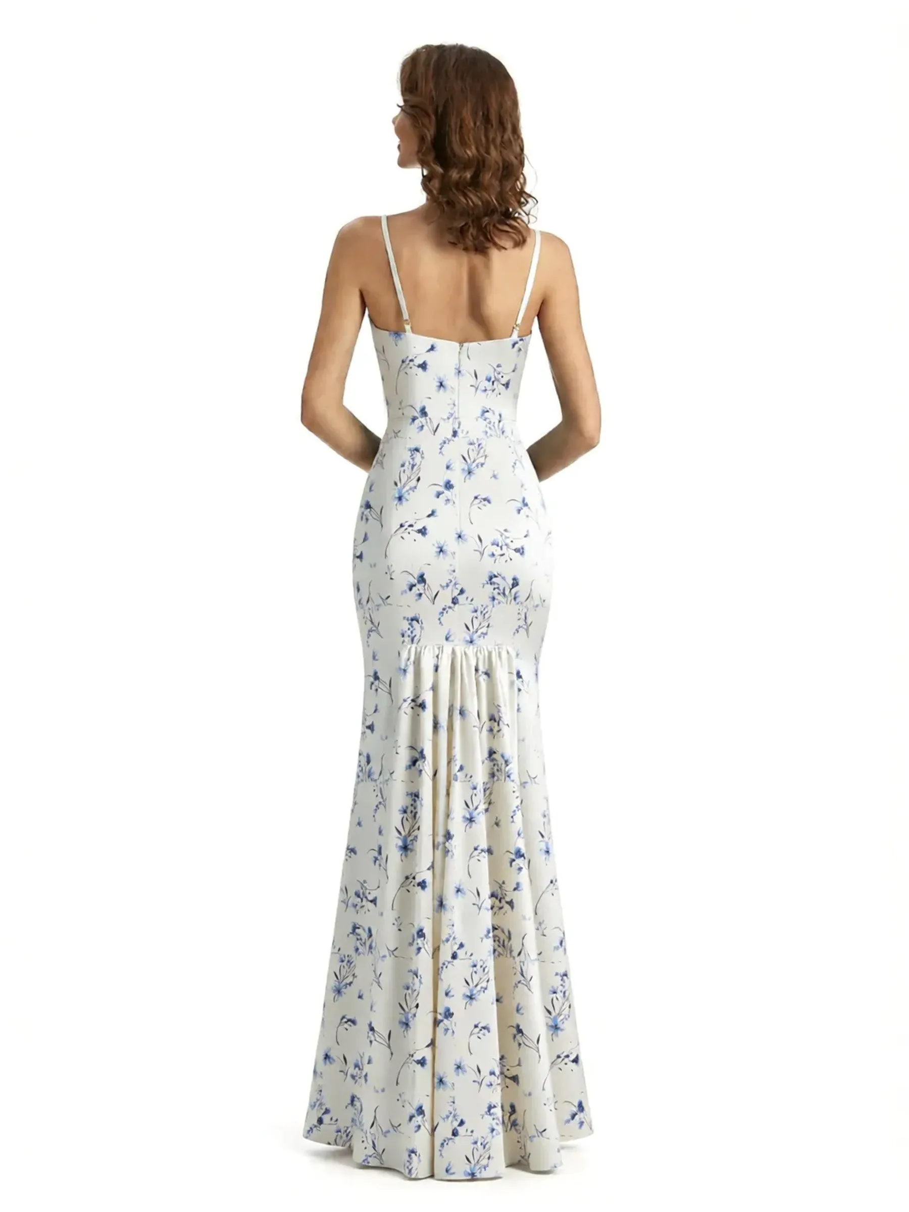 Simple Spaghetti Straps V-Neck Side Slit Mermaid Floral Satin Maxi Floral Formal Dresses For Women sold by ChicSew product image thumbnail 2