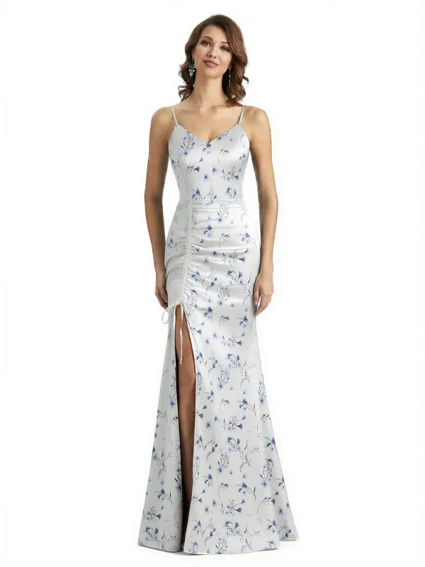 Simple Spaghetti Straps V-Neck Side Slit Mermaid Floral Satin Maxi Floral Formal Dresses For Women sold by ChicSew