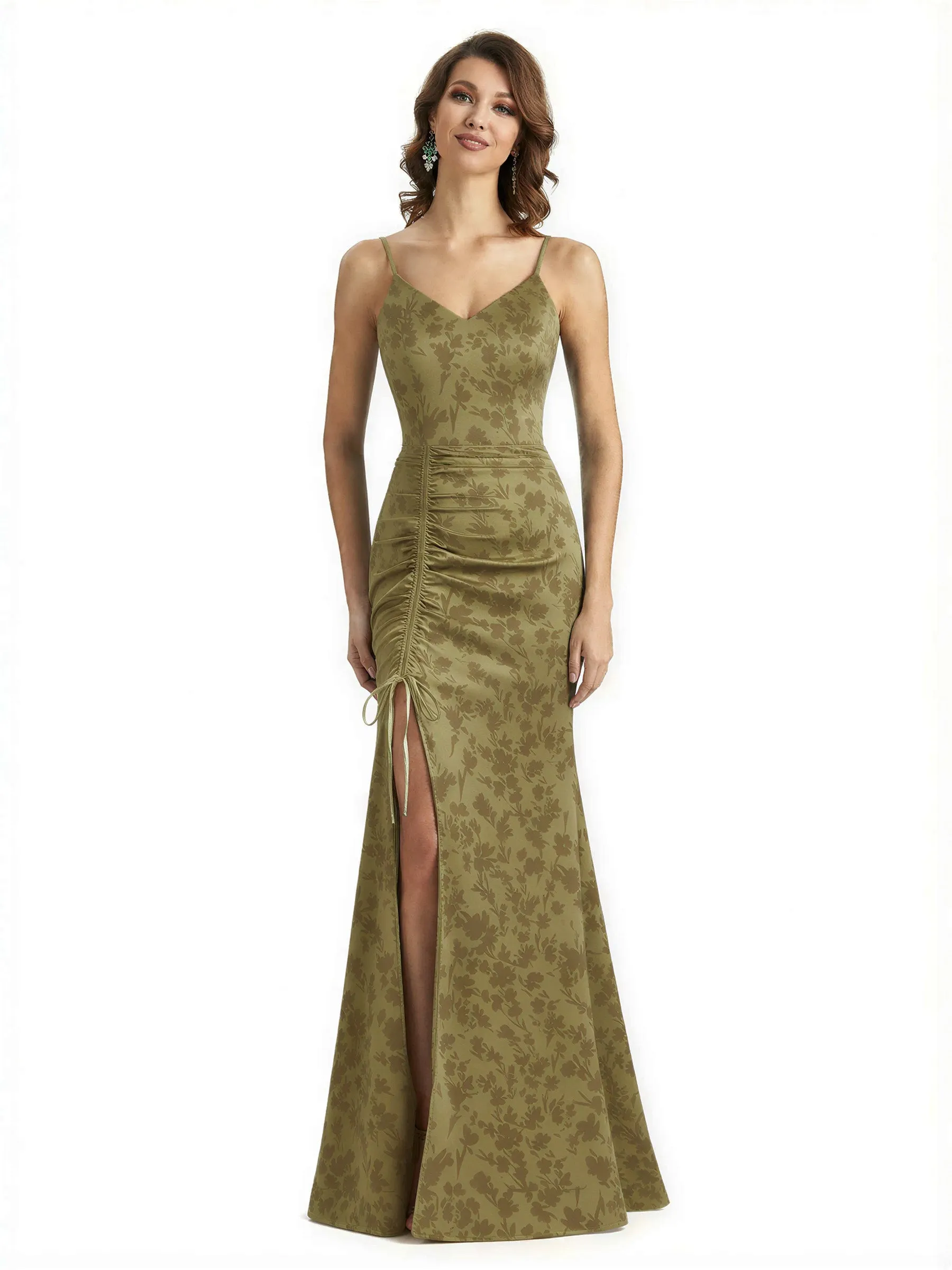 Simple Spaghetti Straps V-Neck Side Slit Mermaid Floral Satin Maxi Floral Formal Dresses For Women sold by ChicSew