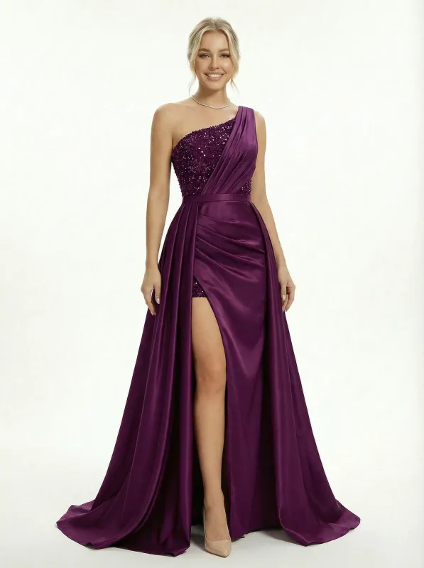 Shinning One Shoulder Mermaid Side Slit Satin Prom Dresses with Overskirt sold by ChicSew