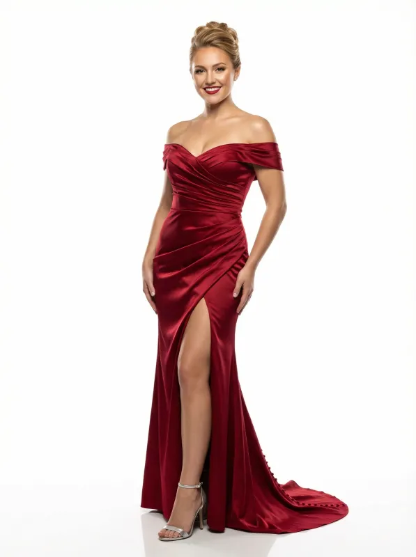 Modest Off Shoulder Mermaid Satin Prom Dresses with Side Slit sold by ChicSew