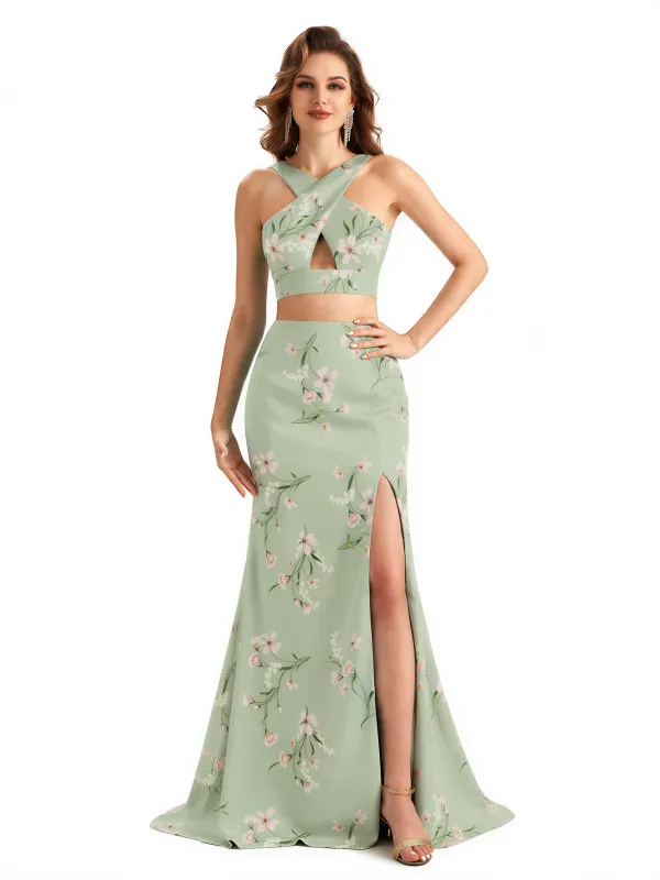 Beautiful Mermaid Halter Two Pieces Floral Satin Maxi Floral Formal Dresses For Women sold by ChicSew