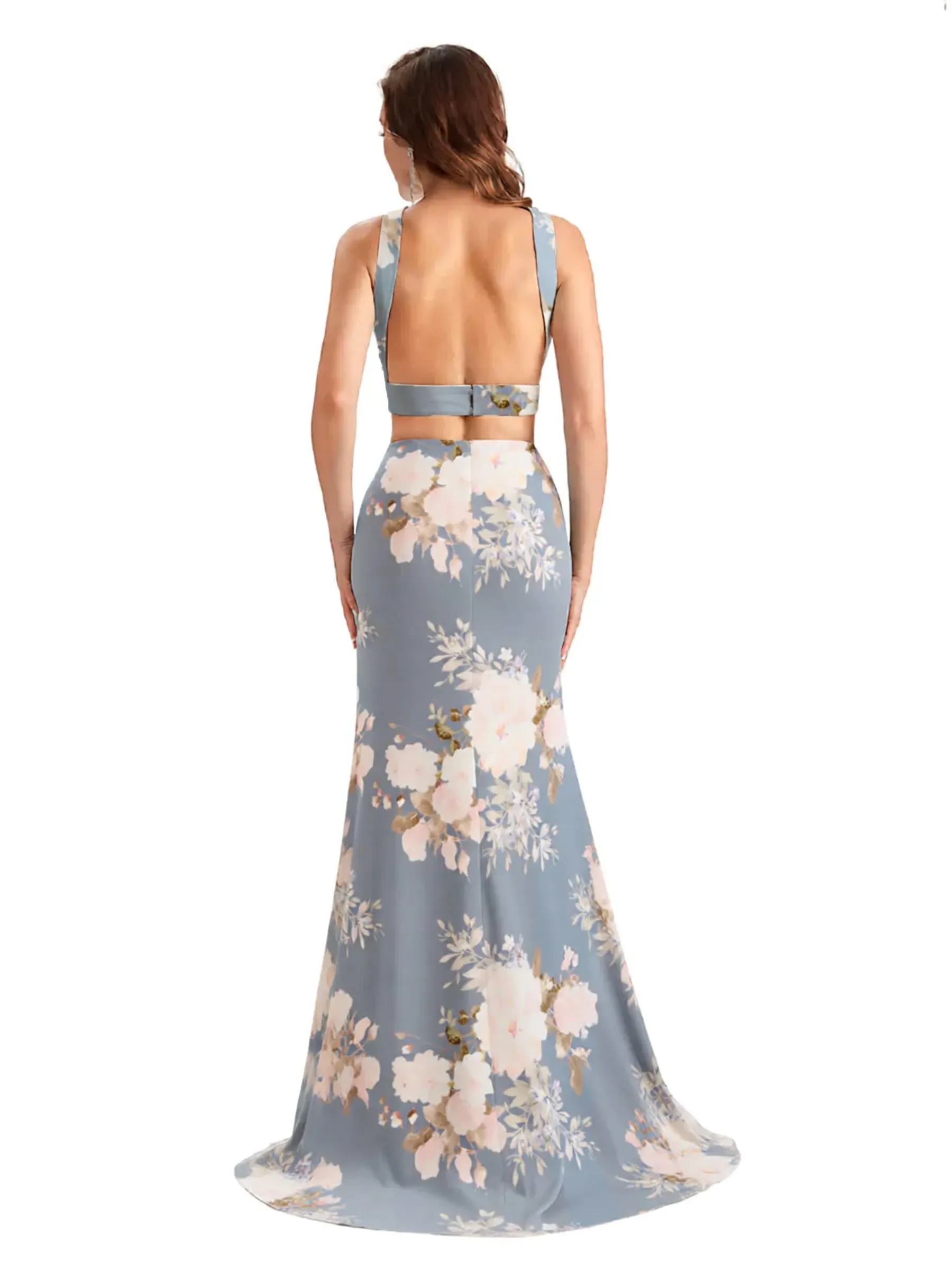 Beautiful Mermaid Halter Two Pieces Floral Satin Maxi Floral Formal Dresses For Women sold by ChicSew product image thumbnail 2