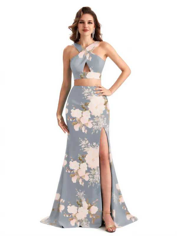 Beautiful Mermaid Halter Two Pieces Floral Satin Maxi Floral Formal Dresses For Women made by ChicSew
