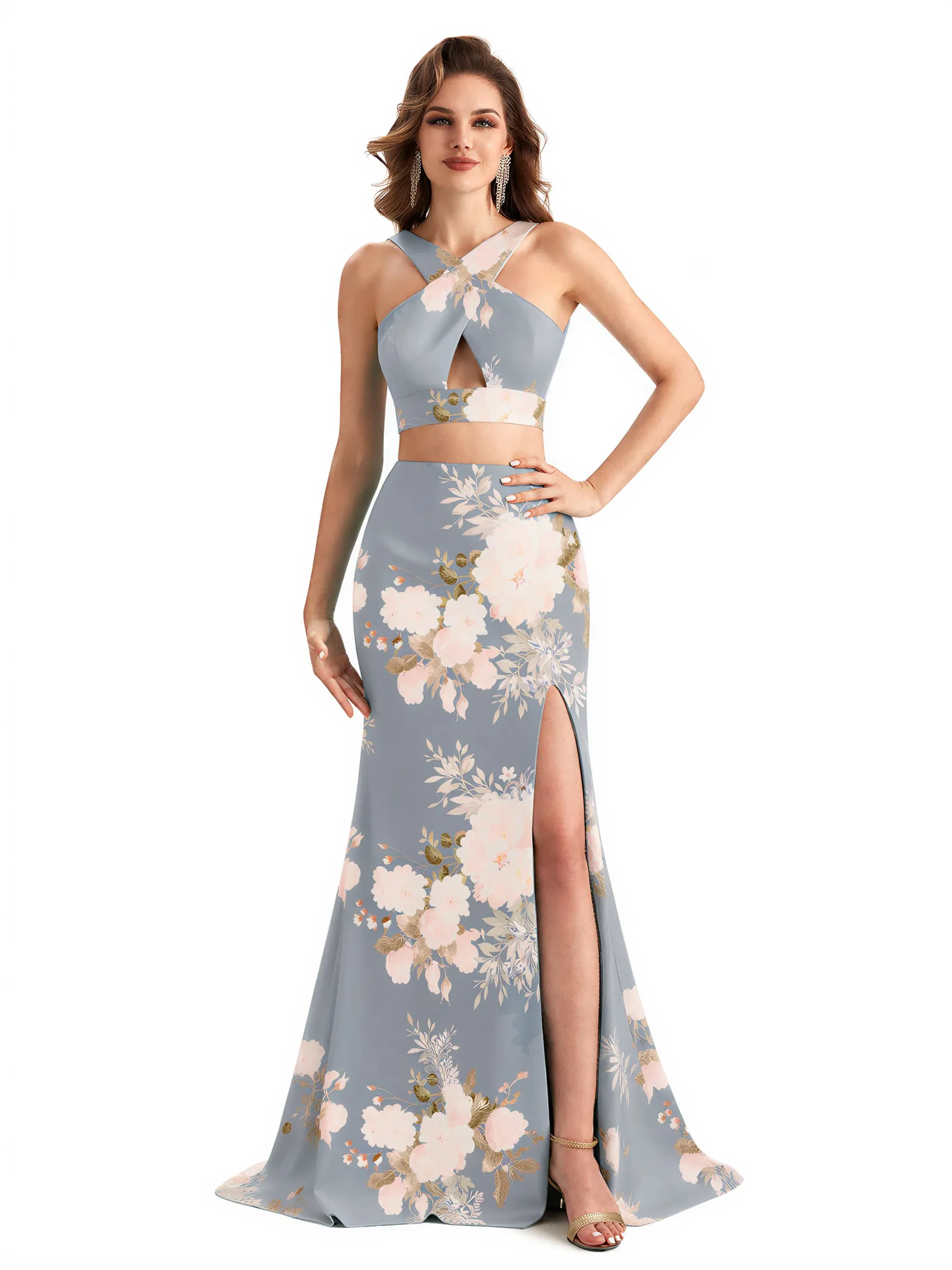 Beautiful Mermaid Halter Two Pieces Floral Satin Maxi Floral Formal Dresses For Women sold by ChicSew
