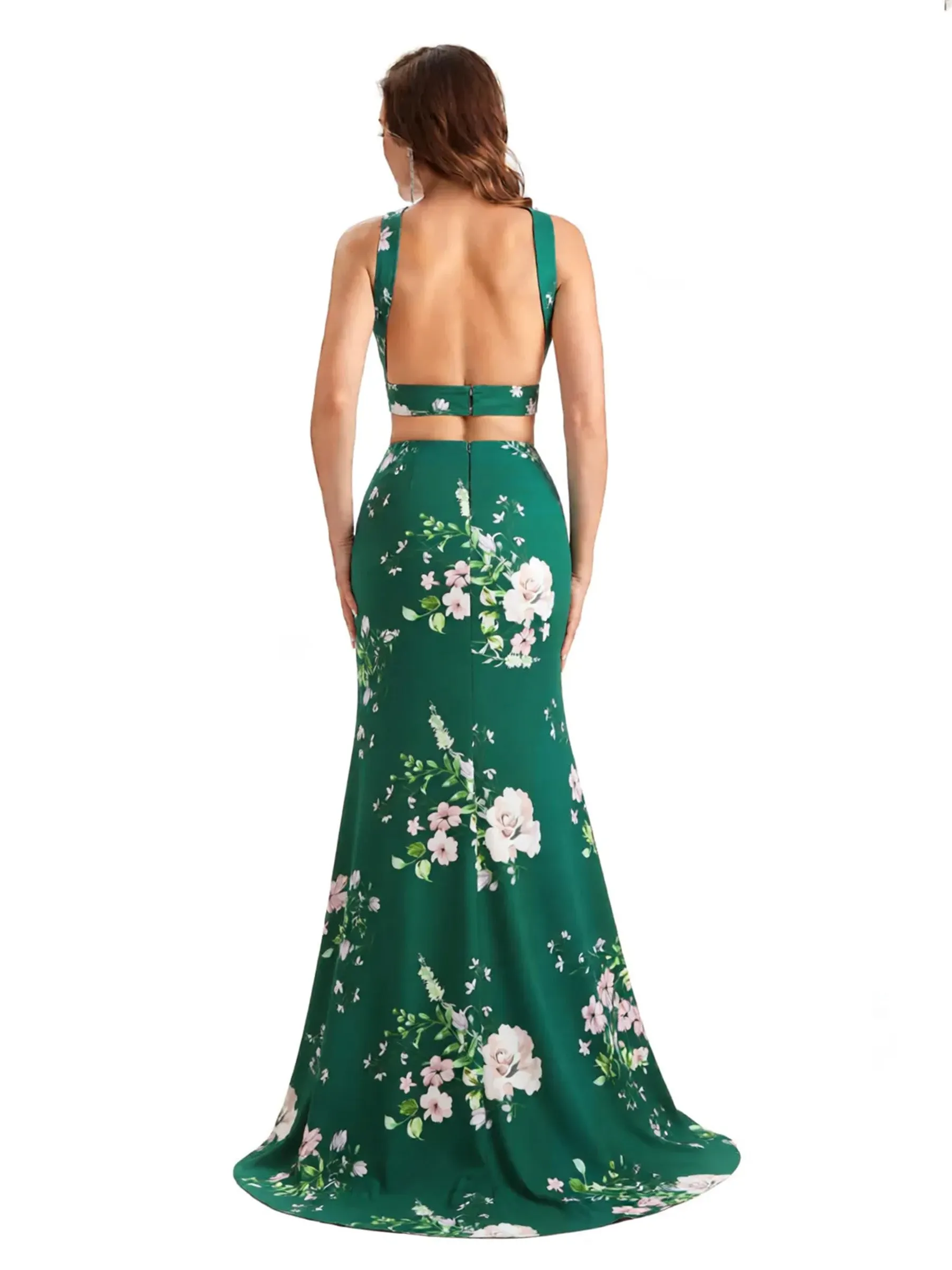Beautiful Mermaid Halter Two Pieces Floral Satin Maxi Floral Formal Dresses For Women sold by ChicSew product image thumbnail 2