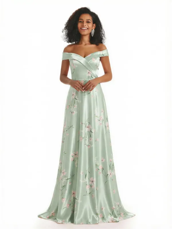 Trendy Off Shoulder A-Line Long Floral Satin Women Formal Evening Dresses sold by ChicSew