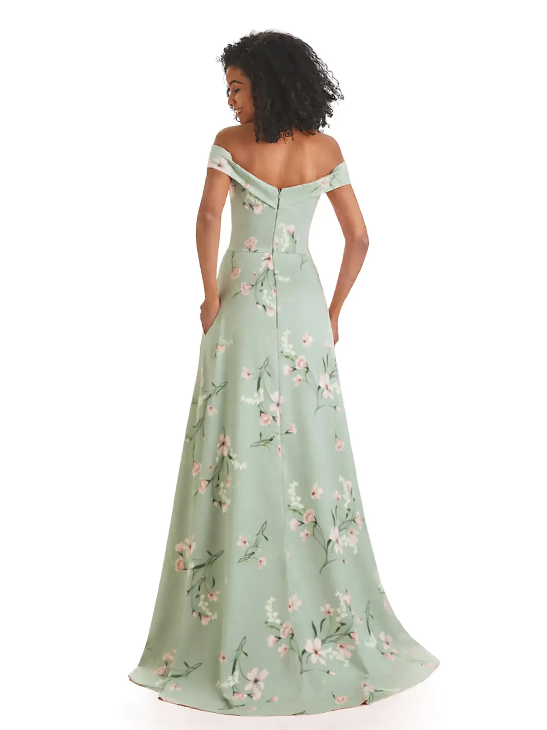 Trendy Off Shoulder A-Line Long Floral Satin Women Formal Evening Dresses sold by ChicSew product image thumbnail 2