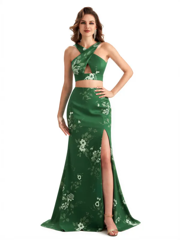 Beautiful Mermaid Halter Two Pieces Floral Satin Maxi Floral Formal Dresses For Women sold by ChicSew