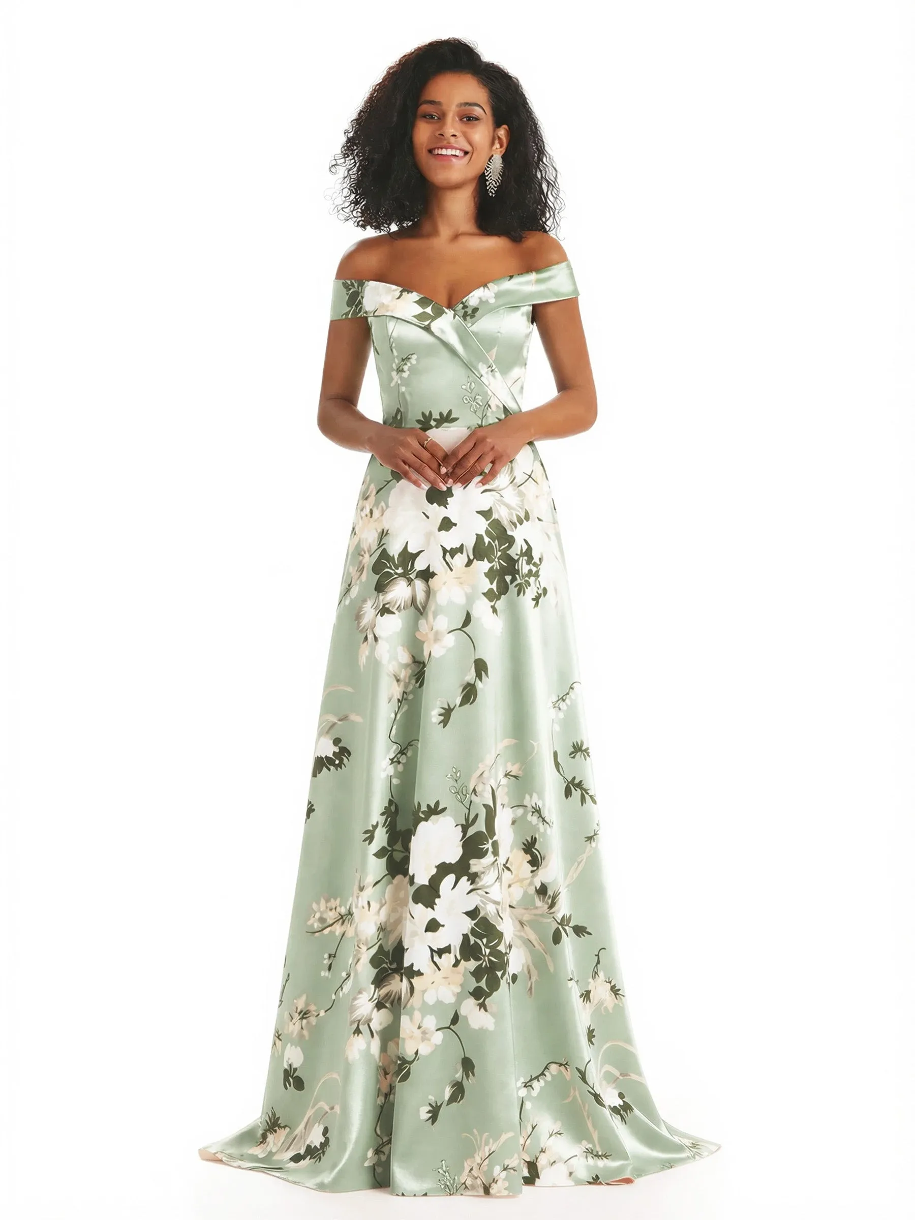 Trendy Off Shoulder A-Line Long Floral Satin Women Formal Evening Dresses sold by ChicSew