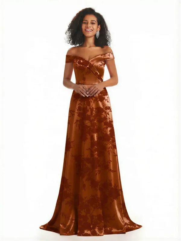 Trendy Off Shoulder A-Line Long Floral Satin Women Formal Evening Dresses sold by ChicSew