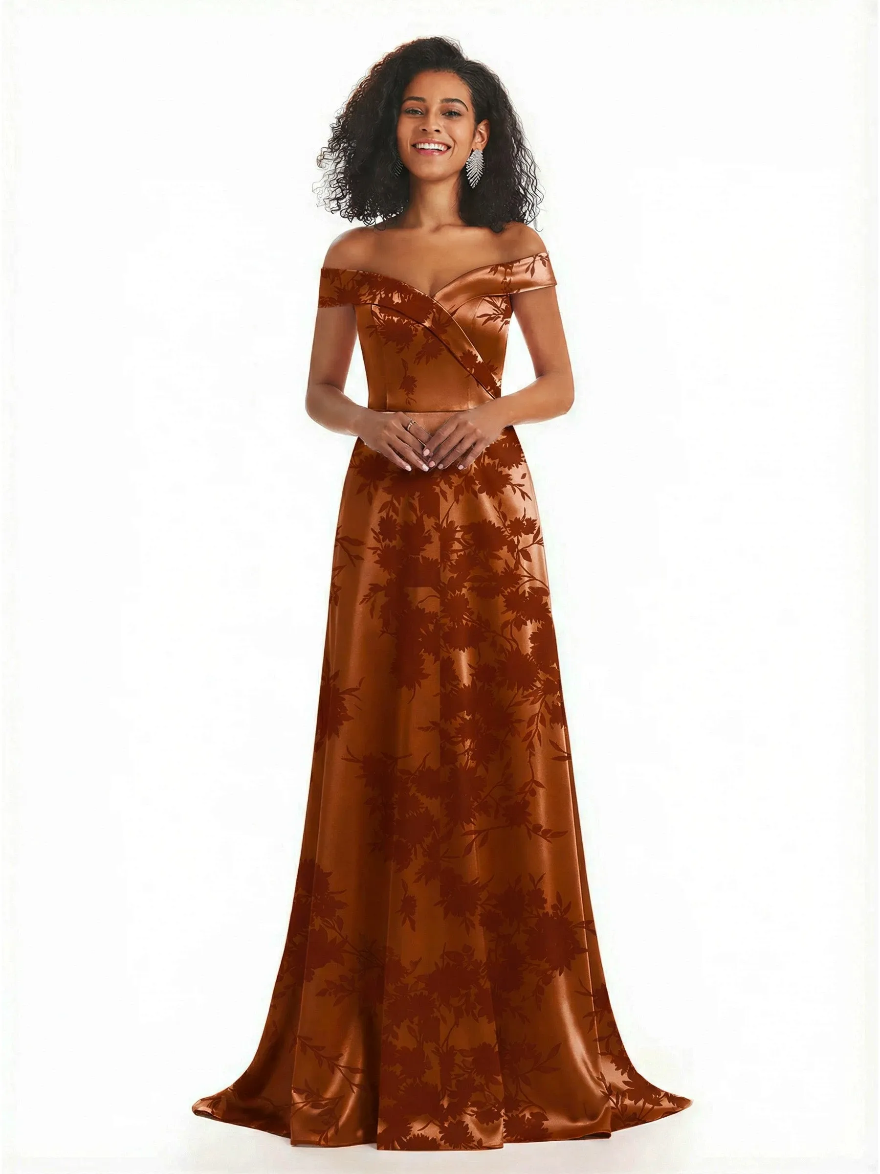 Trendy Off Shoulder A-Line Long Floral Satin Women Formal Evening Dresses sold by ChicSew