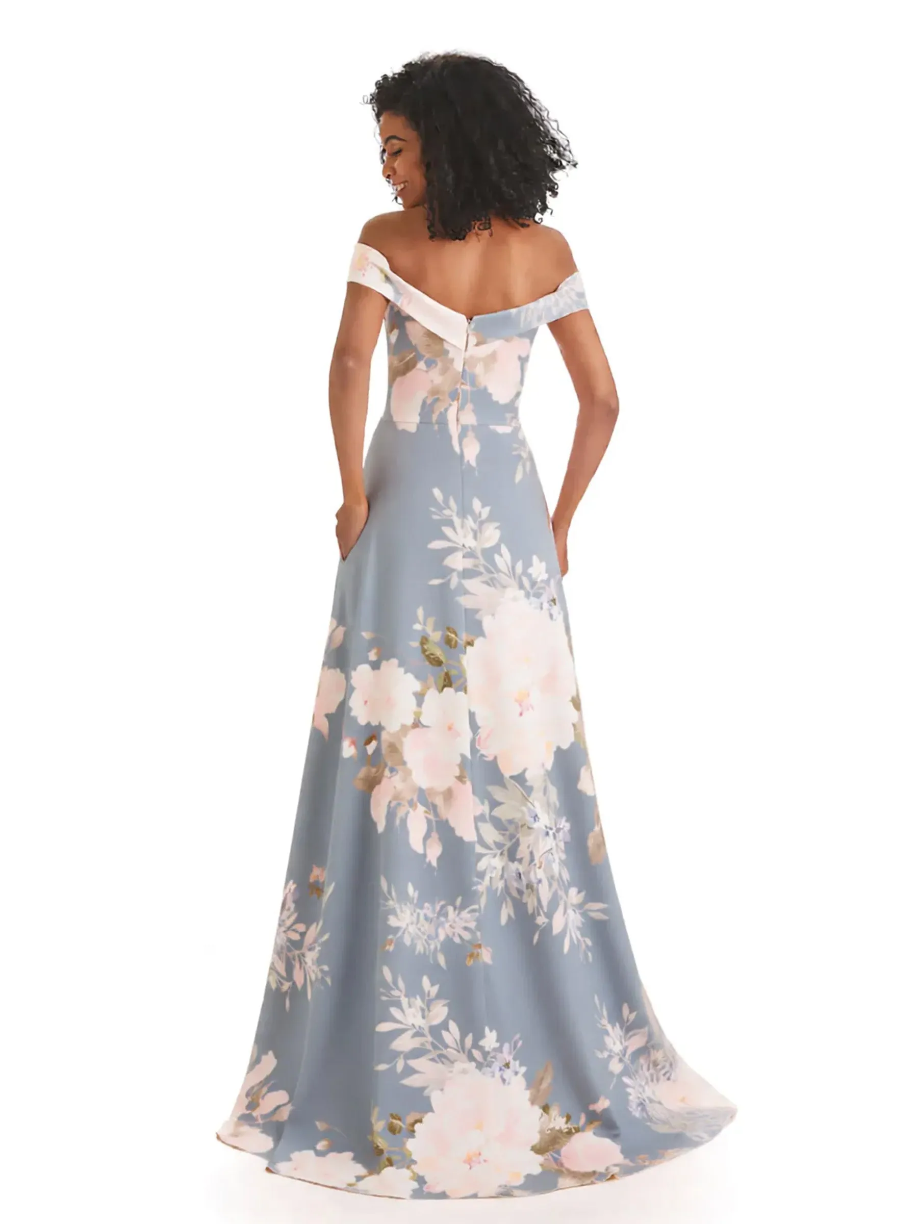 Trendy Off Shoulder A-Line Long Floral Satin Women Formal Evening Dresses sold by ChicSew product image thumbnail 2