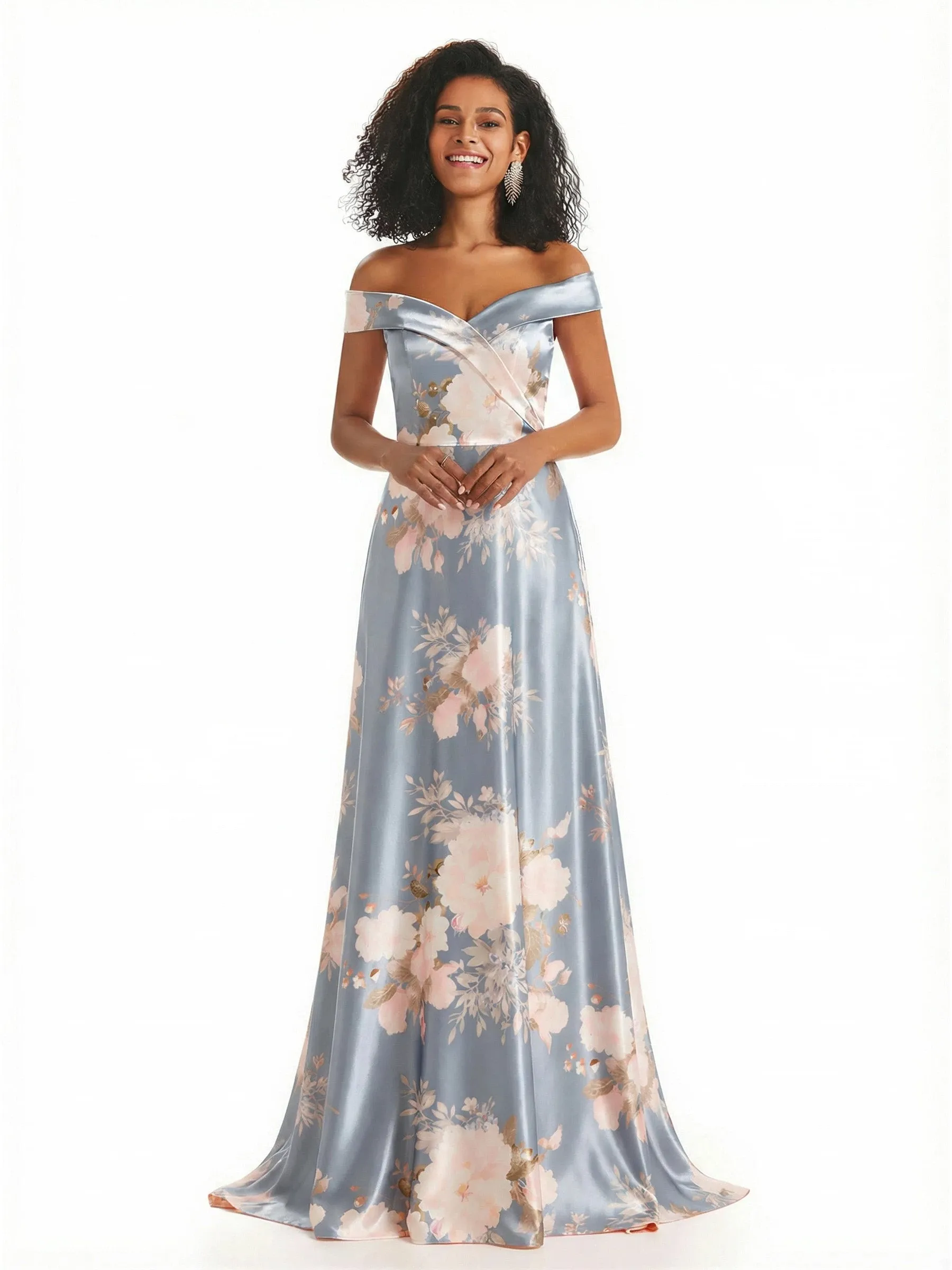 Trendy Off Shoulder A-Line Long Floral Satin Women Formal Evening Dresses sold by ChicSew
