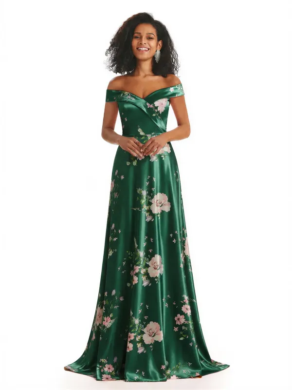 Trendy Off Shoulder A-Line Long Floral Satin Women Formal Evening Dresses sold by ChicSew