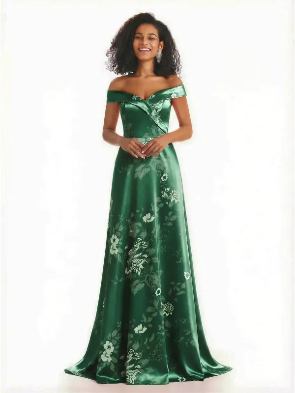 Trendy Off Shoulder A-Line Long Floral Satin Women Formal Evening Dresses sold by ChicSew
