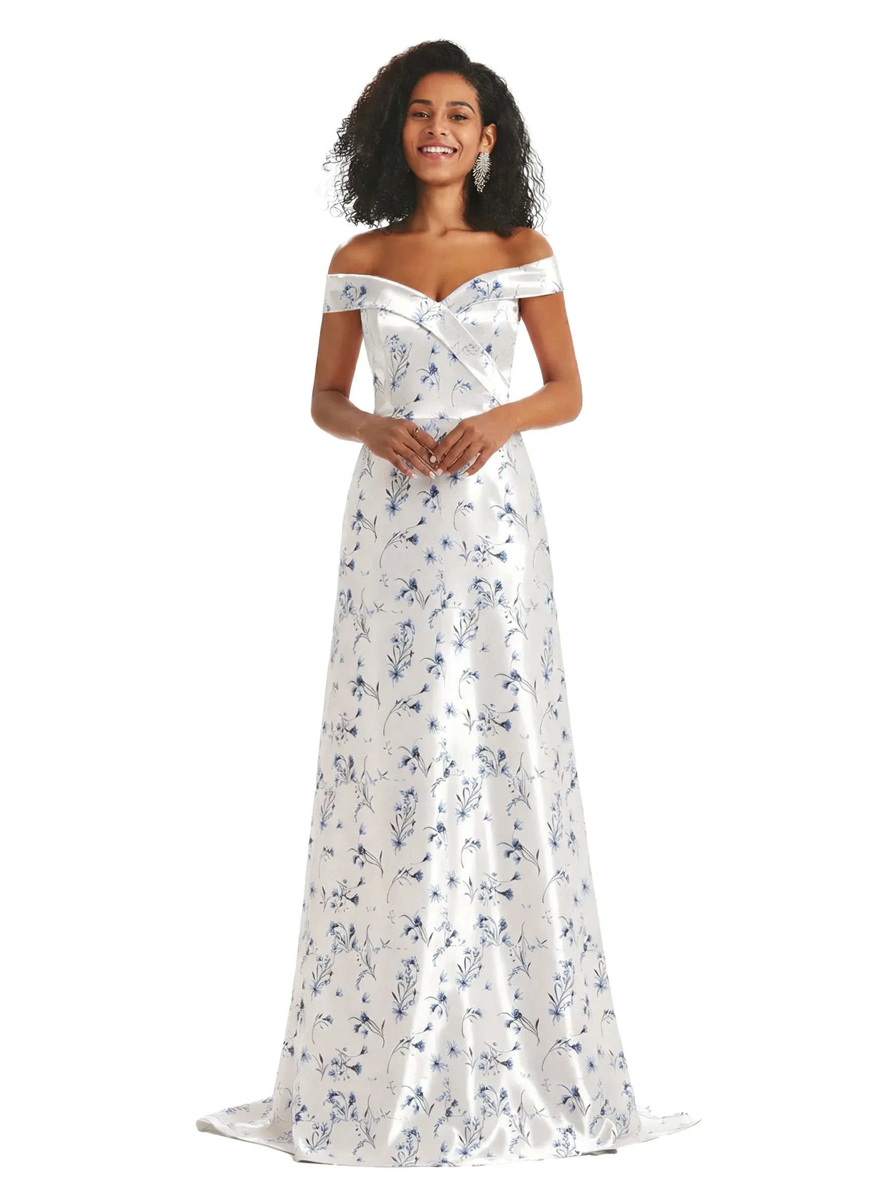 Trendy Off Shoulder A-Line Long Floral Satin Women Formal Evening Dresses sold by ChicSew