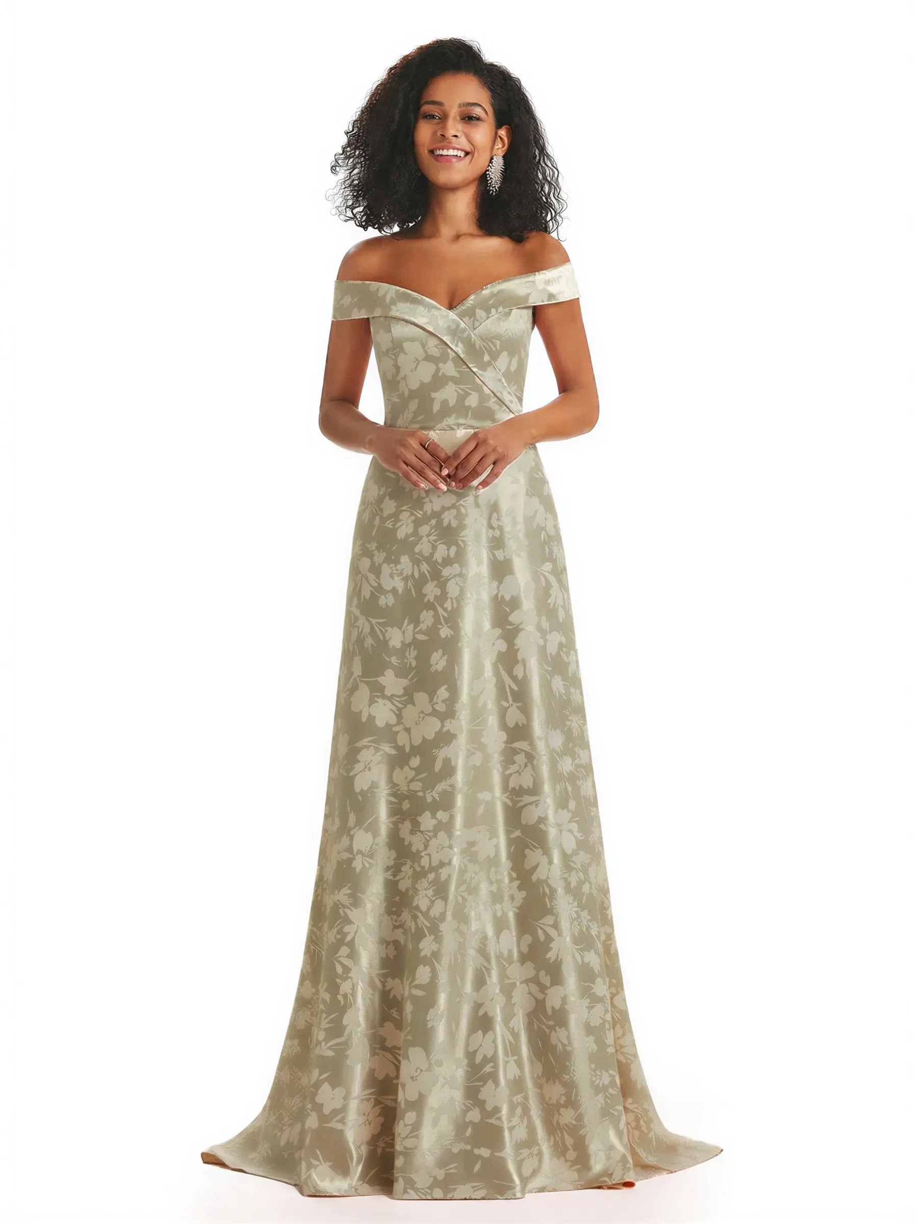 Trendy Off Shoulder A-Line Long Floral Satin Women Formal Evening Dresses sold by ChicSew