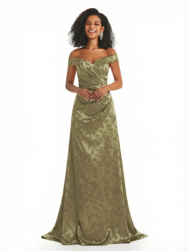Trendy Off Shoulder A-Line Long Floral Satin Women Formal Evening Dresses sold by ChicSew