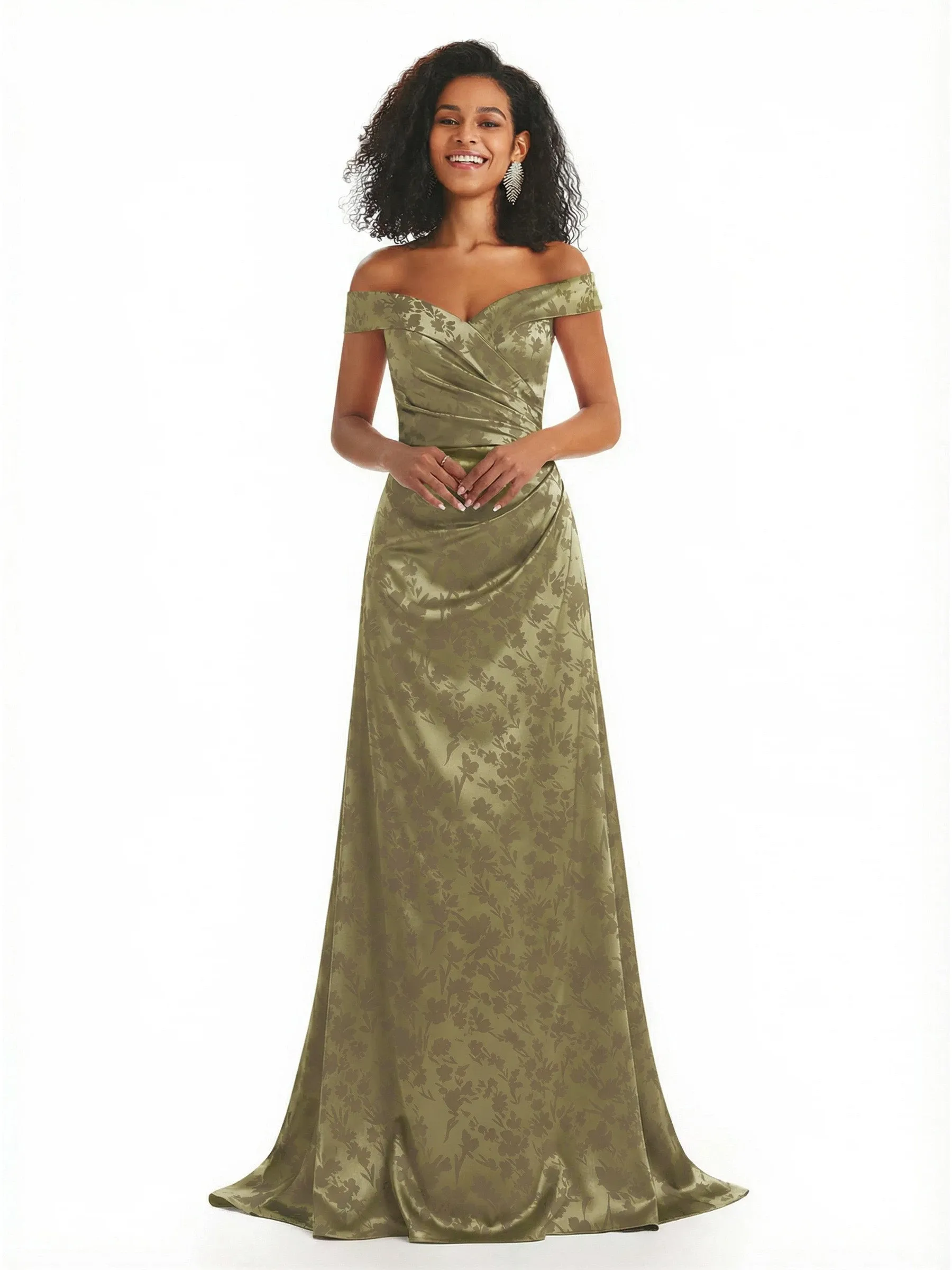 Trendy Off Shoulder A-Line Long Floral Satin Women Formal Evening Dresses sold by ChicSew