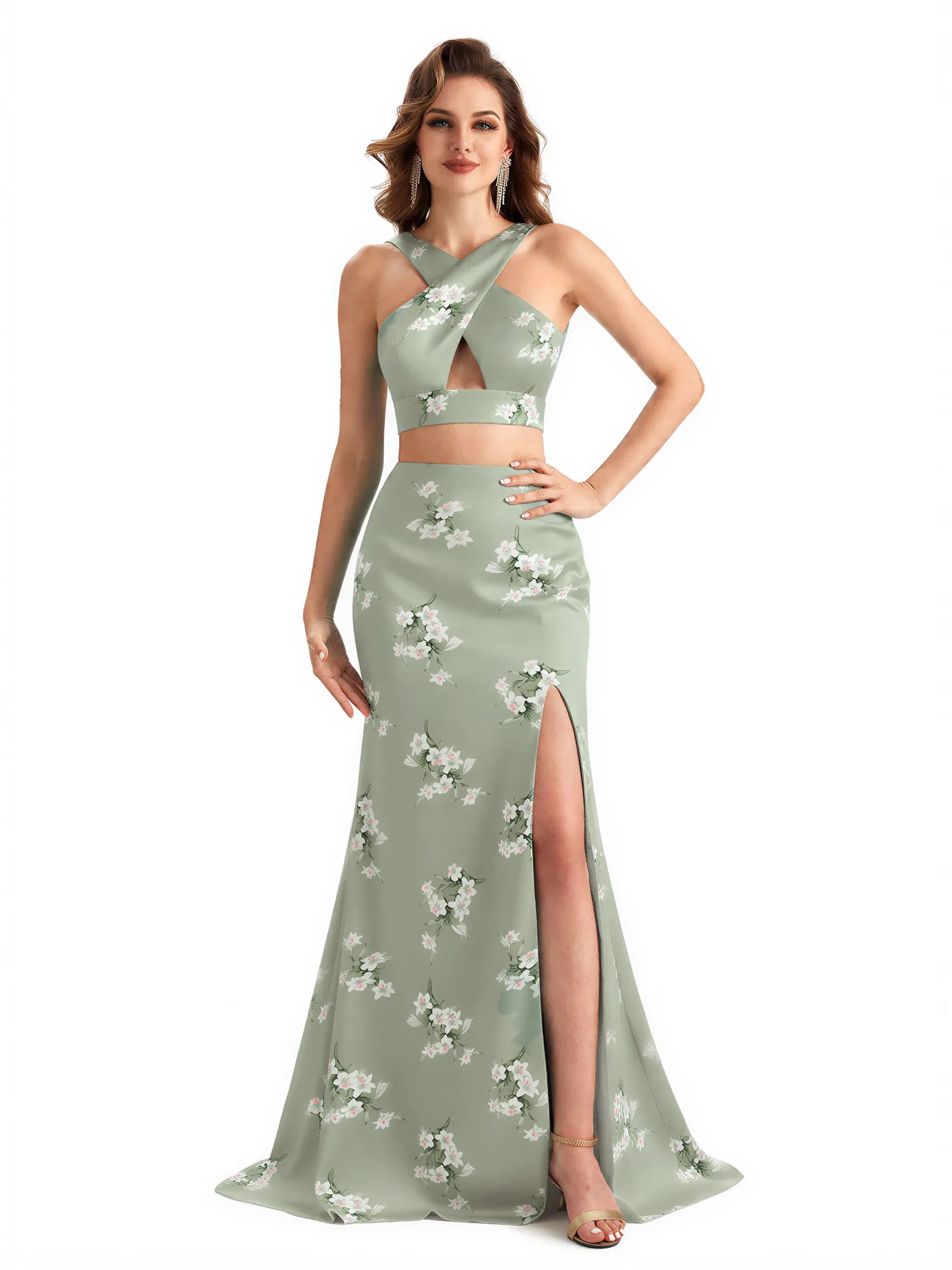 Beautiful Mermaid Halter Two Pieces Floral Satin Maxi Floral Formal Dresses For Women sold by ChicSew
