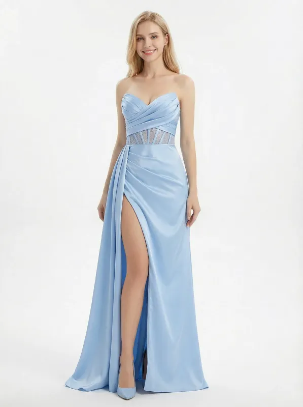 ChicSew Sexy Strapless Side Slit Boning Floor-Length Mermaid Satin Prom Gown sold by ChicSew