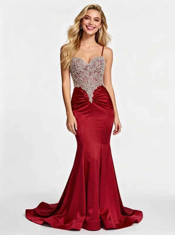 Sparkly Spaghetti Straps Mermaid Satin Prom Dresses with Beading sold by ChicSew