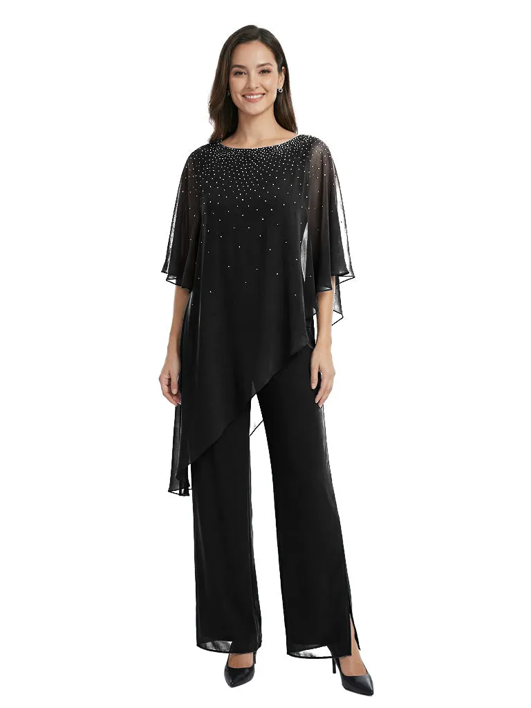 Modern Beaded Half Sleeves Asymmetric Chiffon Pantsuits For Mother Of The Bride sold by ChicSew product image thumbnail 4