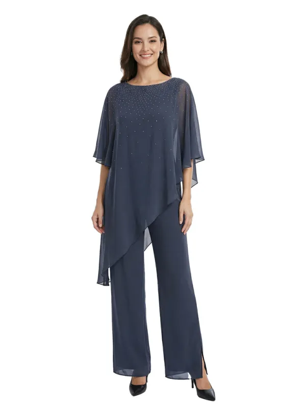 Modern Beaded Half Sleeves Asymmetric Chiffon Pantsuits For Mother Of The Bride sold by ChicSew