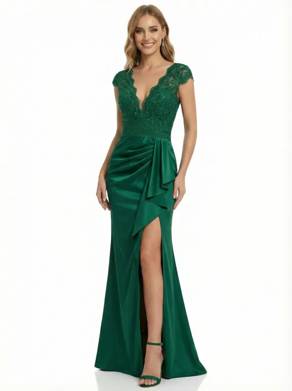 ChicSew Sexy Lace Cap Sleeve V-Neck Satin Mermaid Prom Dress with Slit sold by ChicSew
