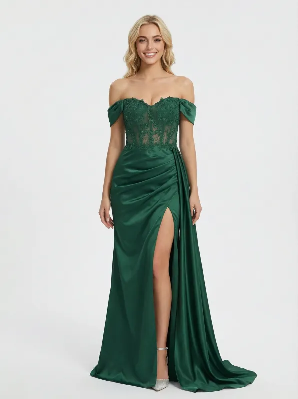 Stunning Off The Shoulder Lace Cut Out Corset Long Mermaid Prom Dress Slit sold by ChicSew