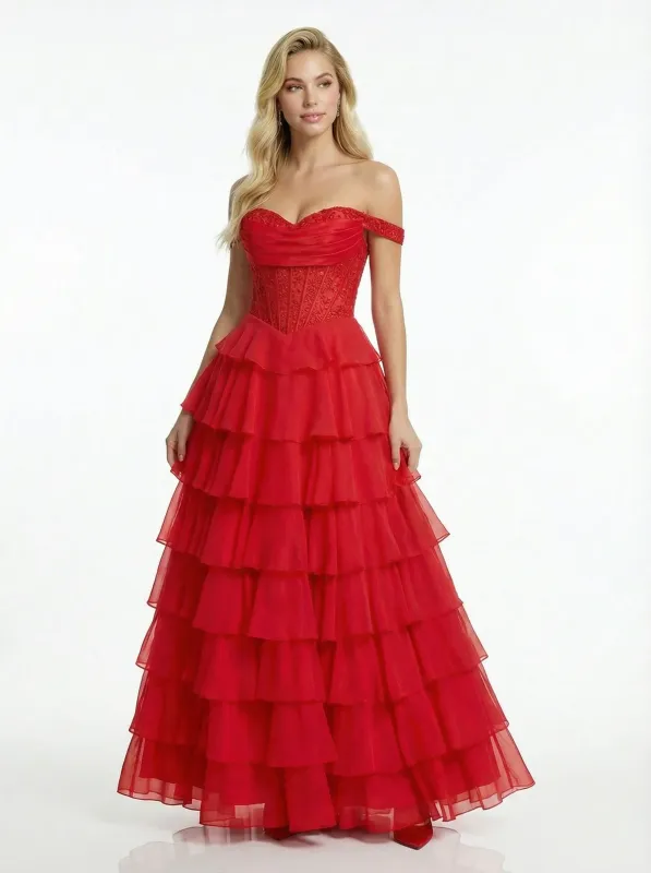 ChicSew Stunning Chiffon Off the Shoulder Tiered Ruffles A-line Prom Dresses sold by ChicSew
