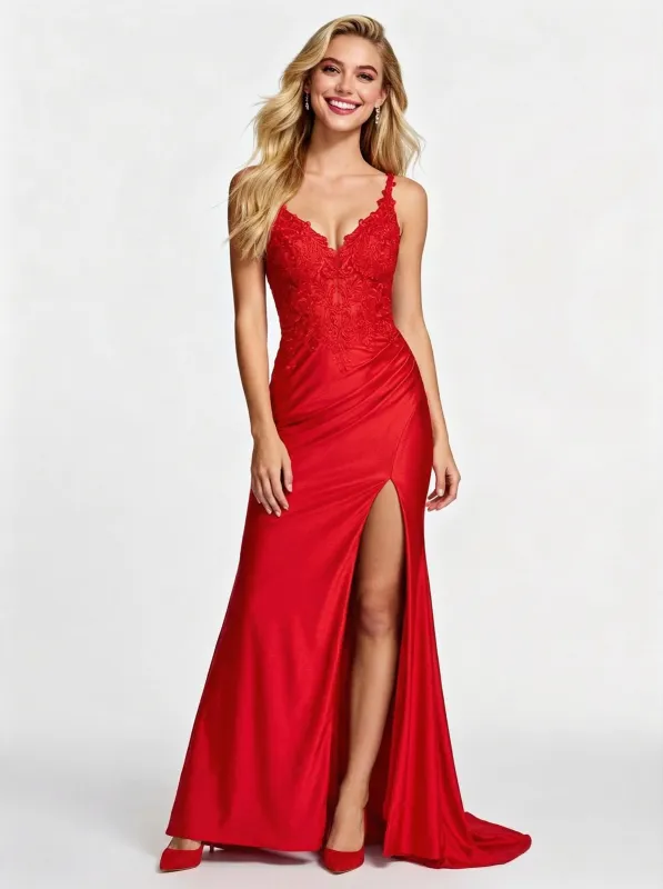 Sexy Mermaid Lace Applique Satin Prom Dress with Slit sold by ChicSew