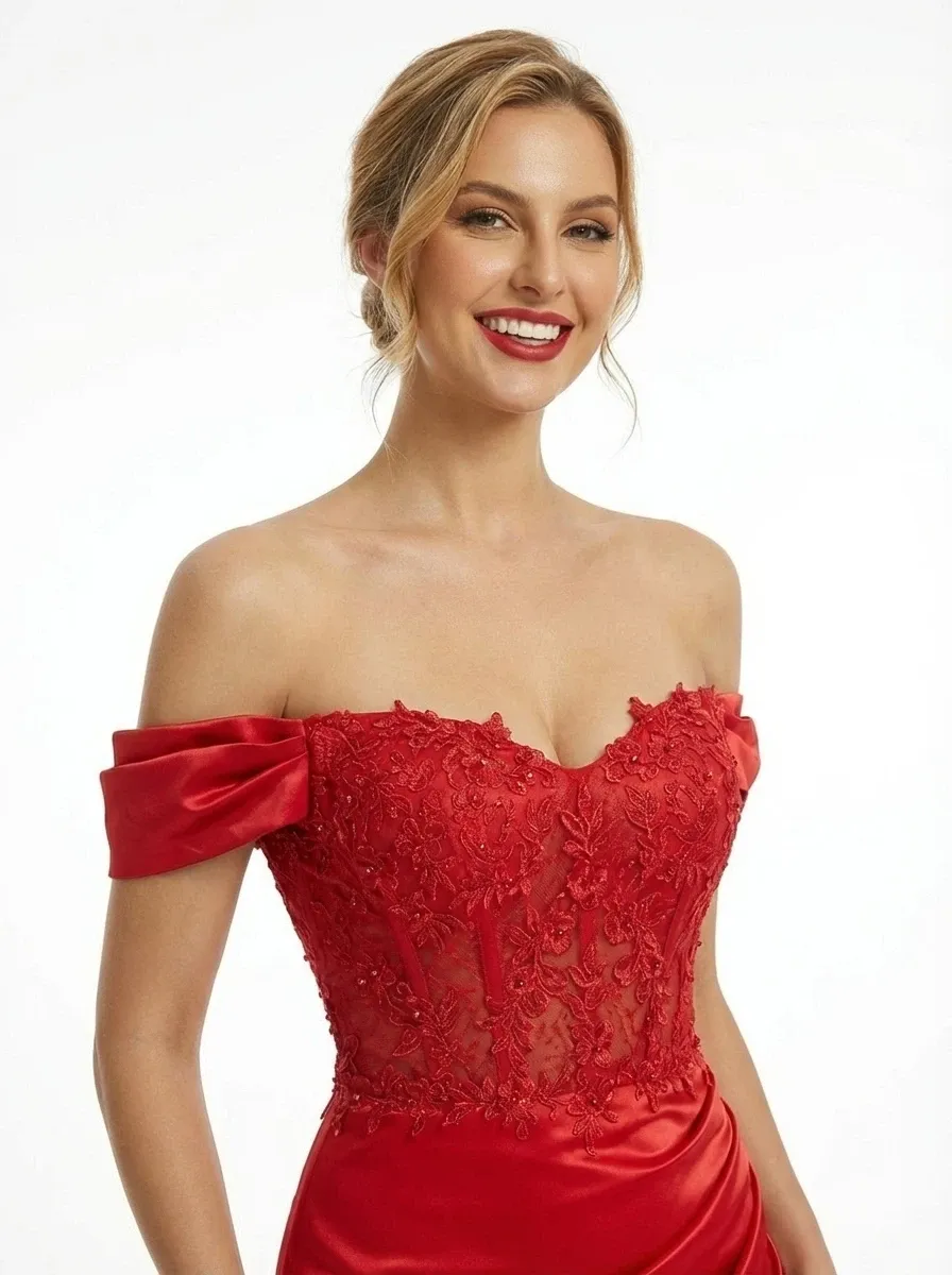 Elegant Off the Shoulder Lace Satin Mermaid Prom Dress with Slit sold by ChicSew product image thumbnail 2