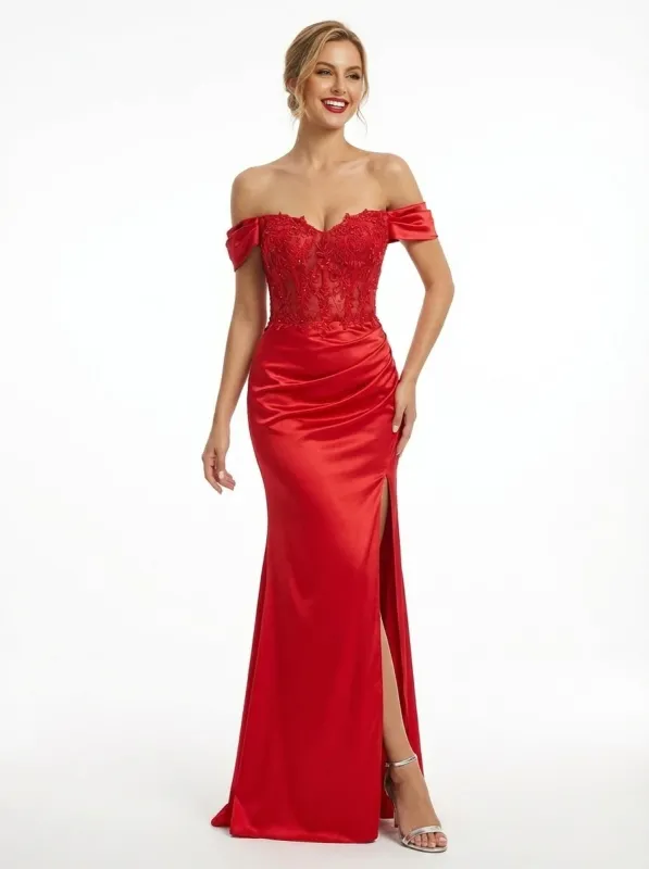 Elegant Off the Shoulder Lace Satin Mermaid Prom Dress with Slit sold by ChicSew
