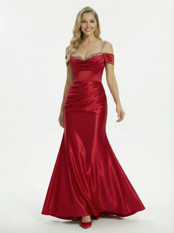 Saprkly Beaded Mermaid Cold Shoulder Long Satin Evening Gown sold by ChicSew