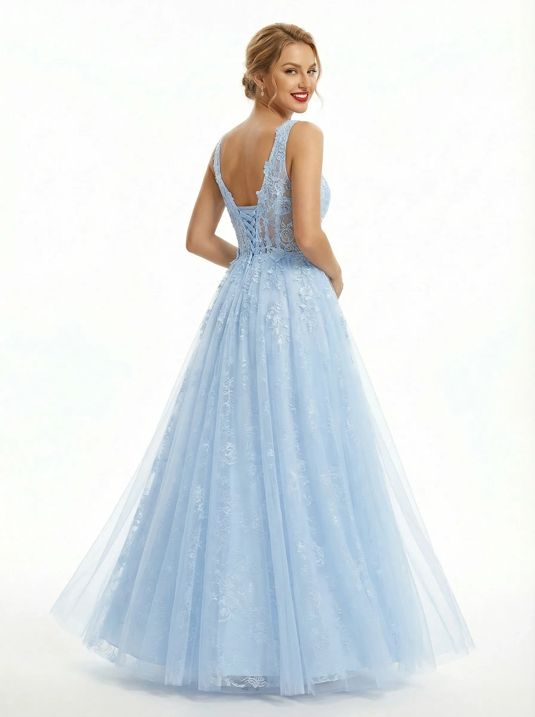 Elegant Lace V-neck A Line Cut Out Tulle Prom Dress sold by ChicSew product image thumbnail 4