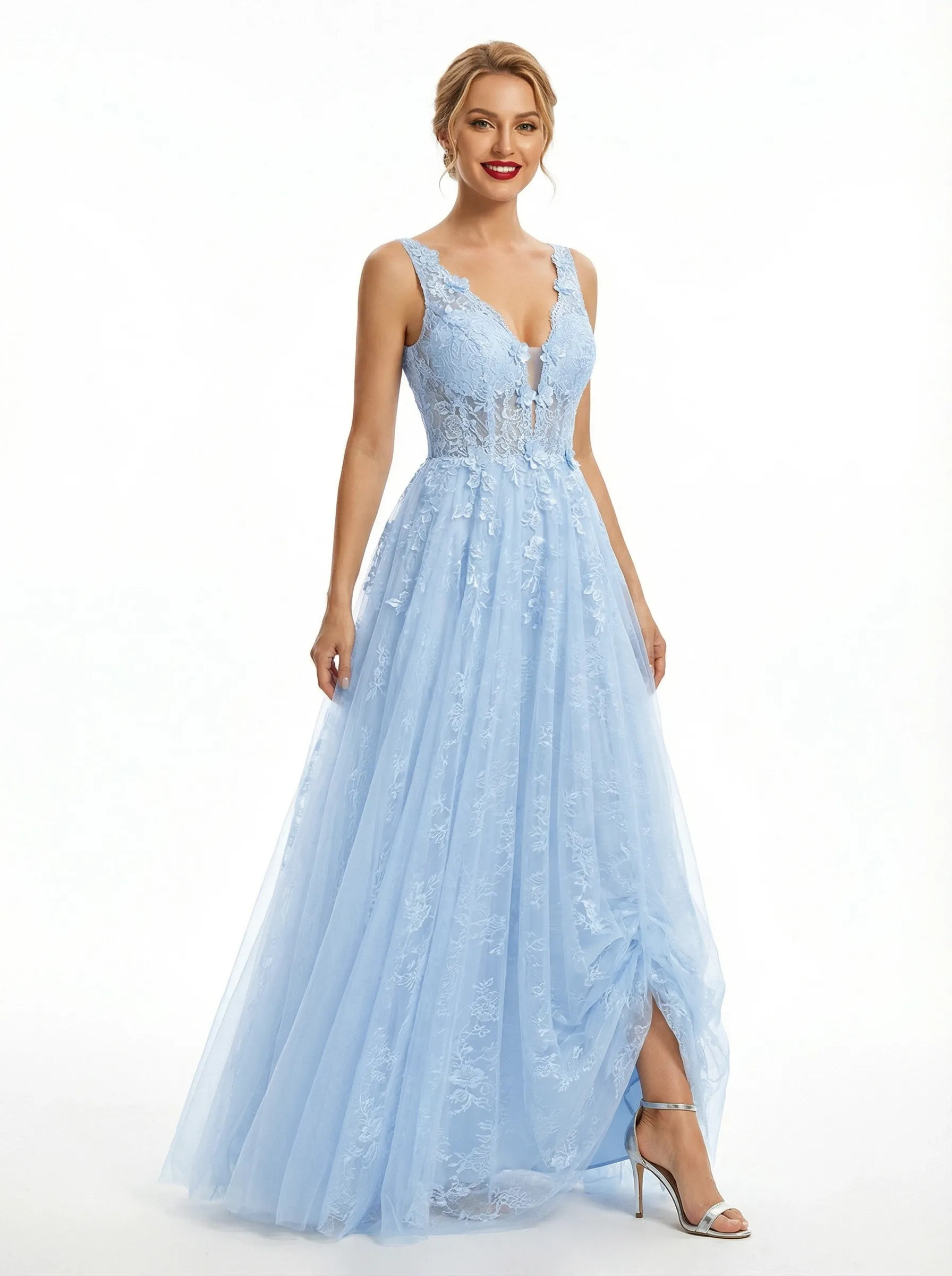 Elegant Lace V-neck A Line Cut Out Tulle Prom Dress sold by ChicSew product image thumbnail 3