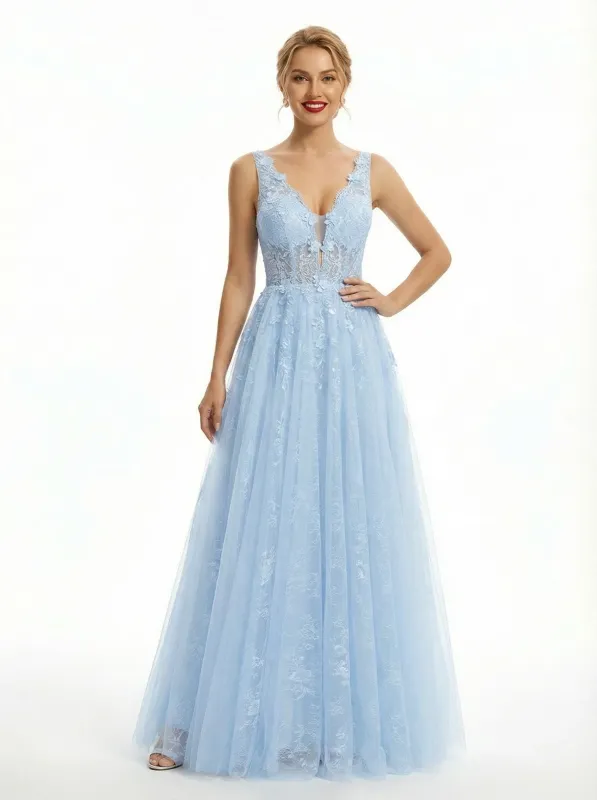Elegant Lace Applique V-neck A Line Tulle Prom Dress with Slit sold by ChicSew