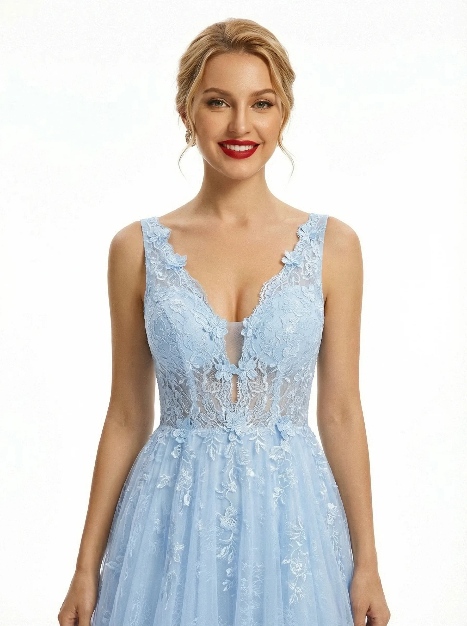 Elegant Lace V-neck A Line Cut Out Tulle Prom Dress sold by ChicSew product image thumbnail 2