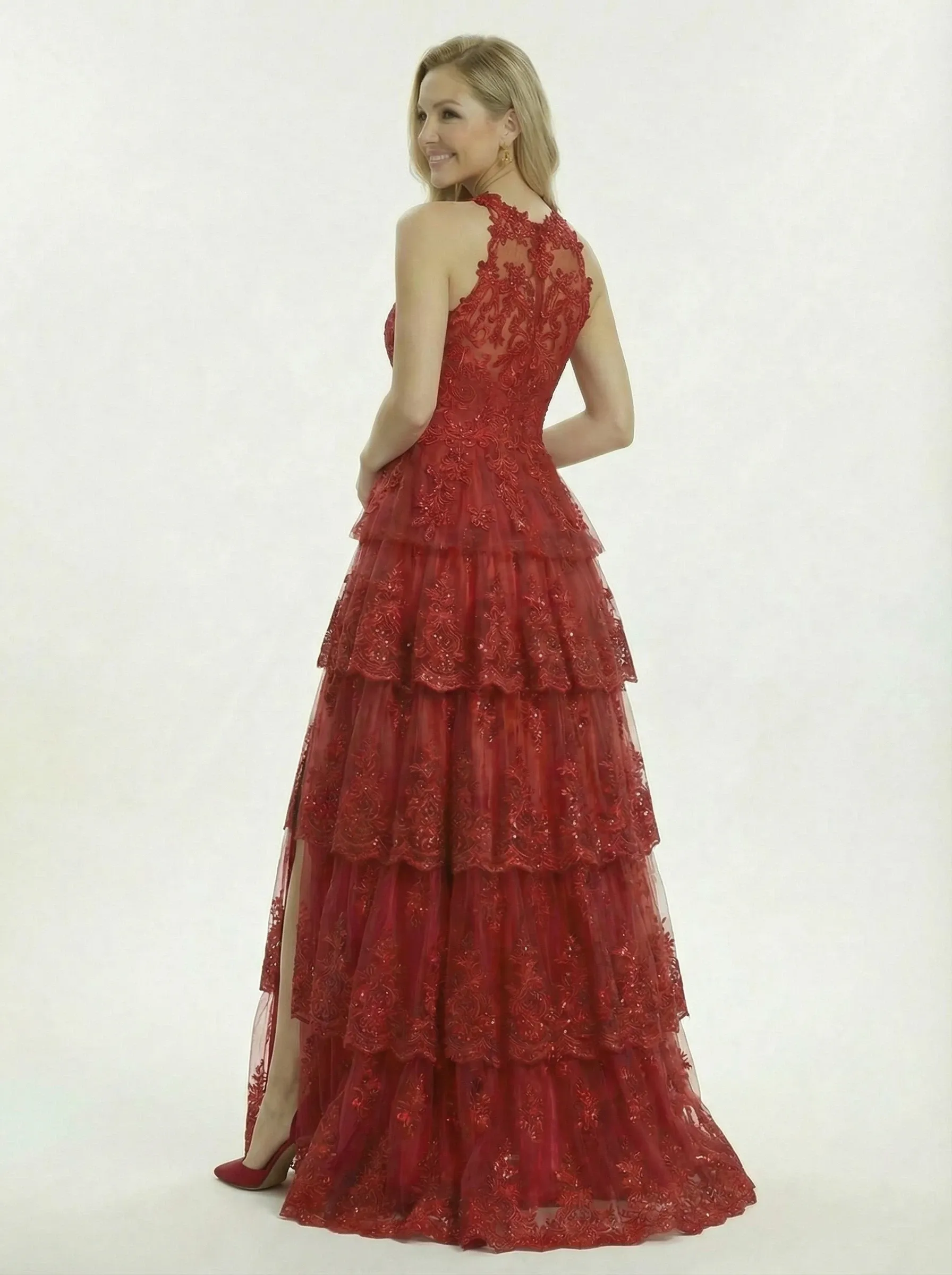 Modern Halter Ruffle Lace Tulle A-Line Prom Dress Slit sold by ChicSew product image thumbnail 4