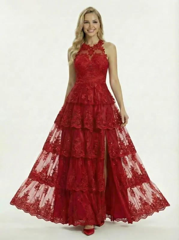 Modern Halter Ruffle Lace Tulle A-Line Prom Dress Slit sold by ChicSew
