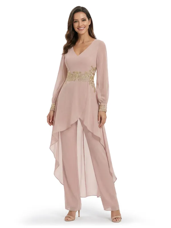 Beautiful Long Sleeves V-Neck Lace Chiffon Jumpsuit For Mother of the Bride sold by ChicSew
