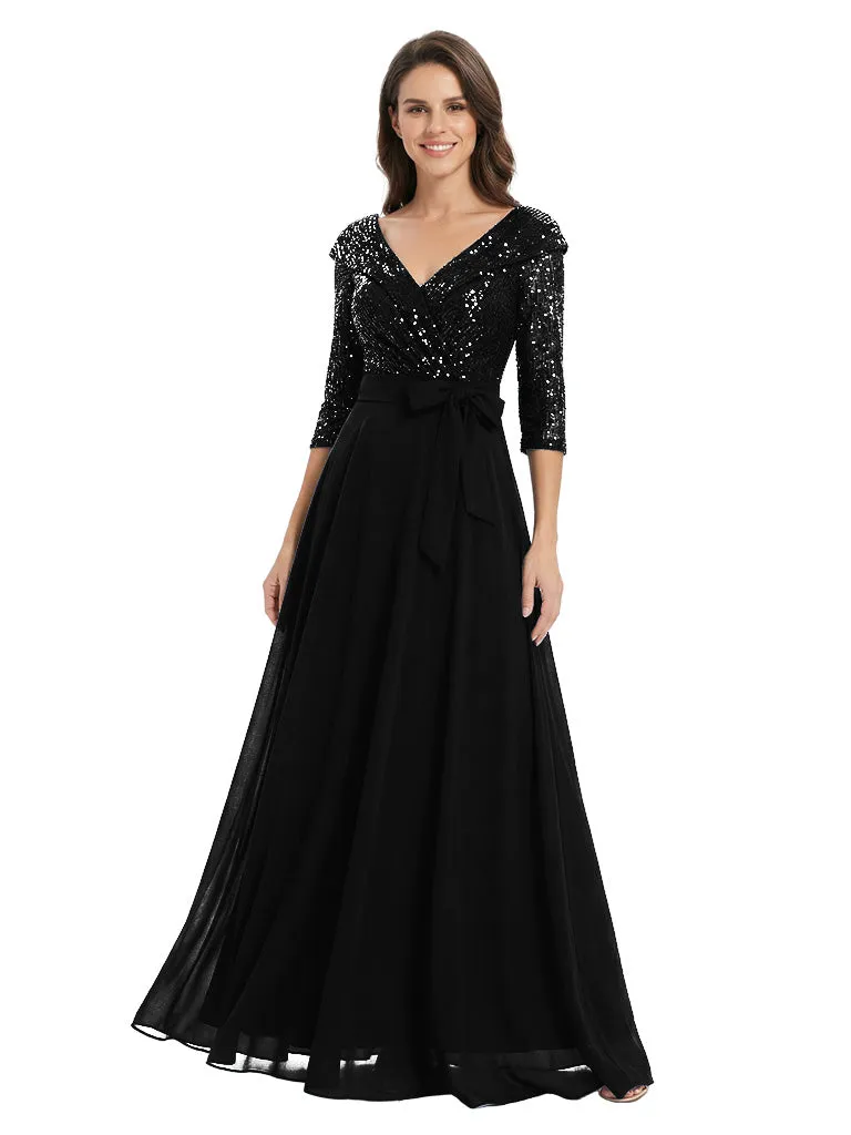 Fancy Sequin Top V-Neck Flowy Chiffon A-Line Mother Of The Bride Dress With Sleeve sold by ChicSew product image thumbnail 3