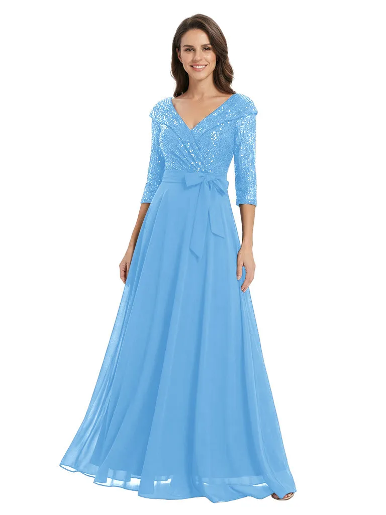 Fancy Sequin Top V-Neck Flowy Chiffon A-Line Mother Of The Bride Dress With Sleeve sold by ChicSew product image thumbnail 4