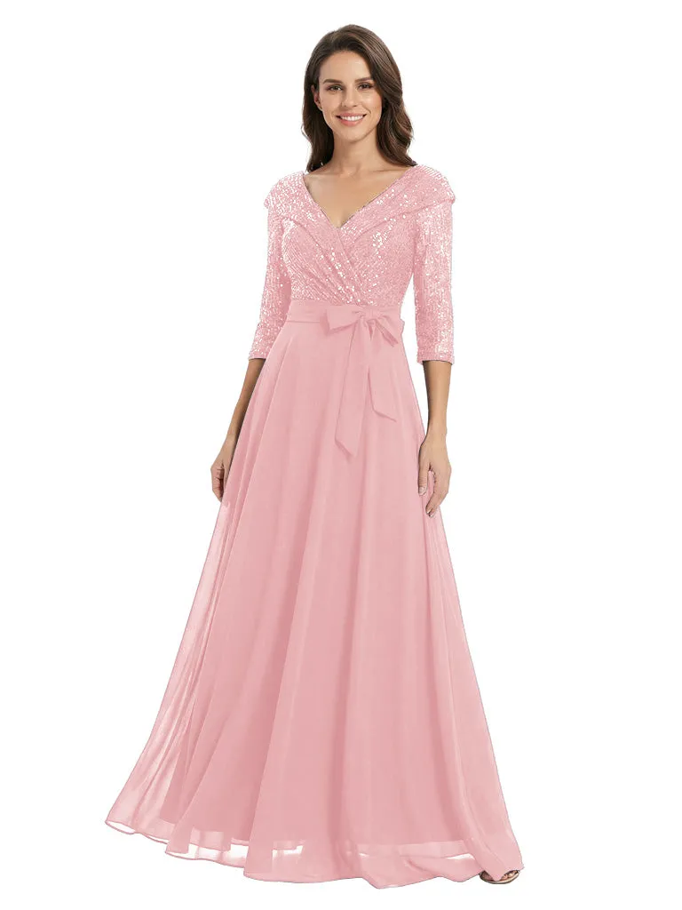 Fancy Sequin Top V-Neck Flowy Chiffon A-Line Mother Of The Bride Dress With Sleeve sold by ChicSew product image thumbnail 5